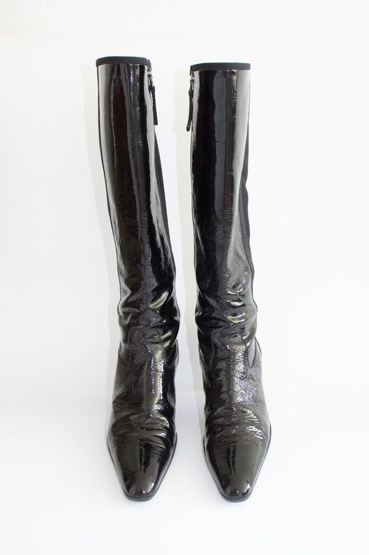 Prada 2000s black patent leather kitten-heel boots