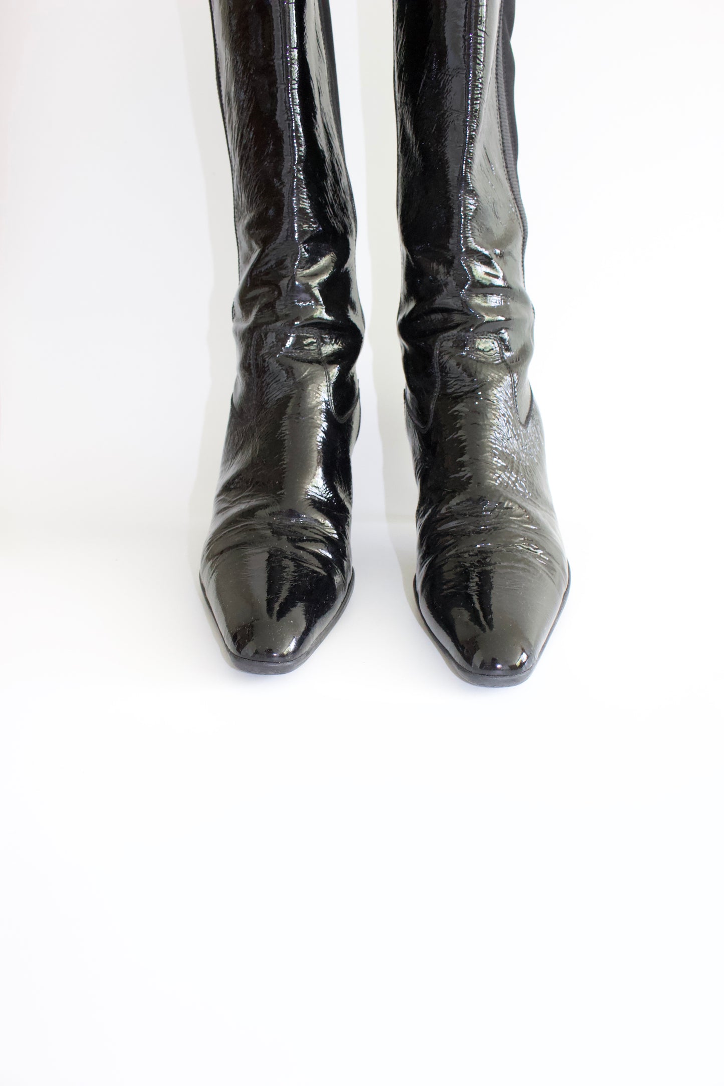 Prada 2000s black patent leather kitten-heel boots