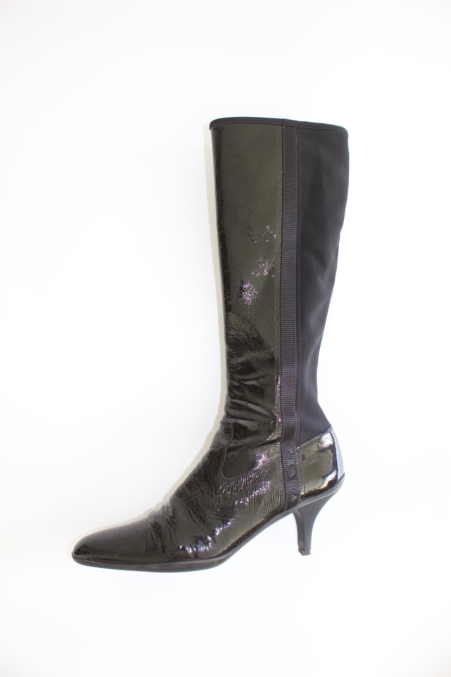 Prada 2000s black patent leather kitten-heel boots