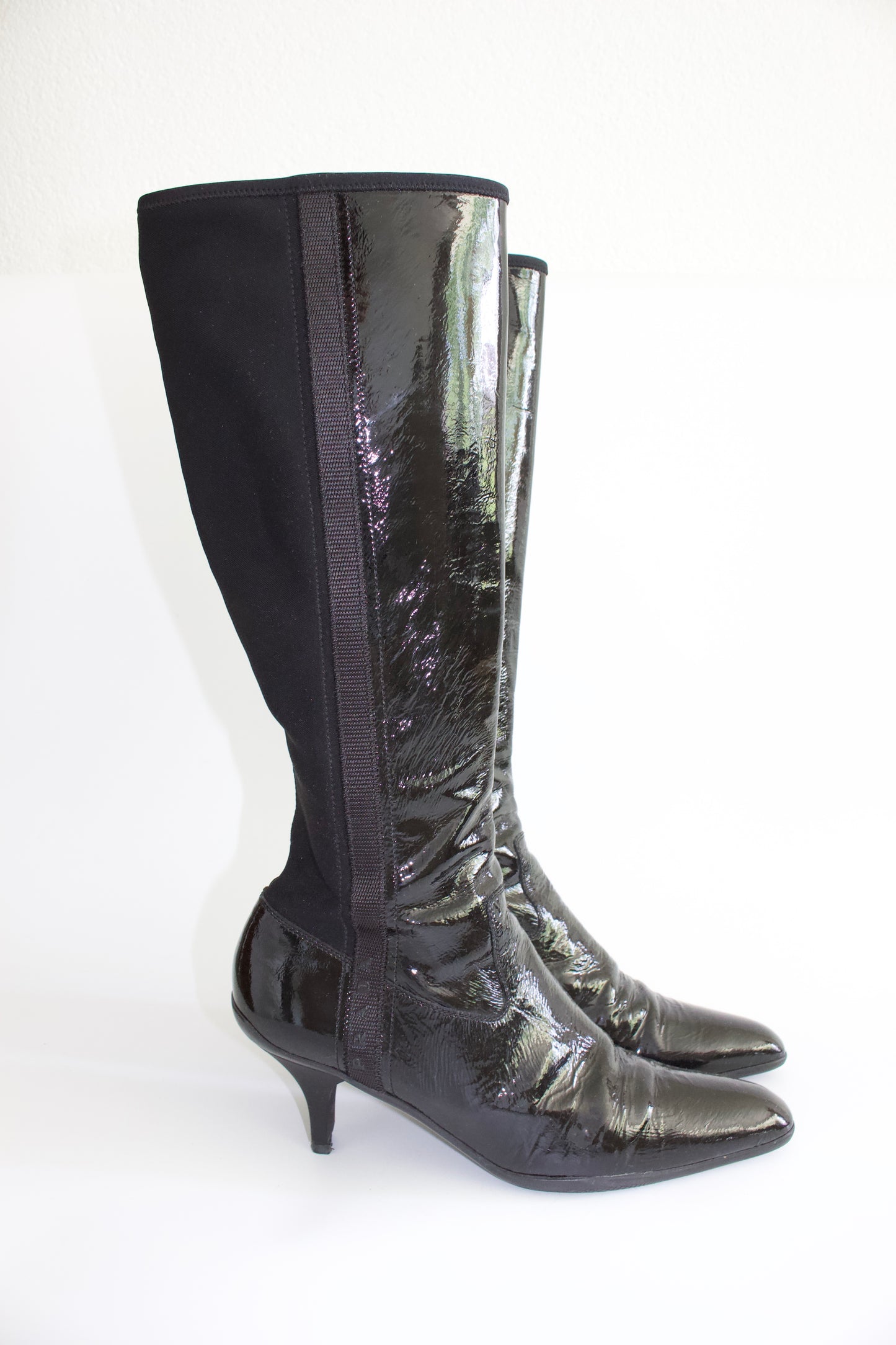 Prada 2000s black patent leather kitten-heel boots