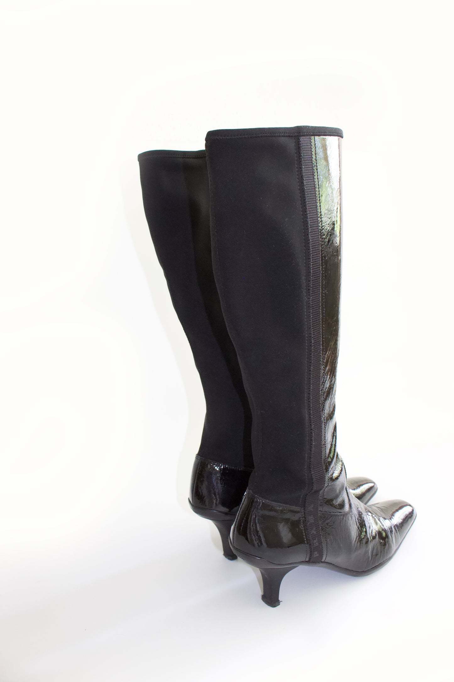 Prada 2000s black patent leather kitten-heel boots