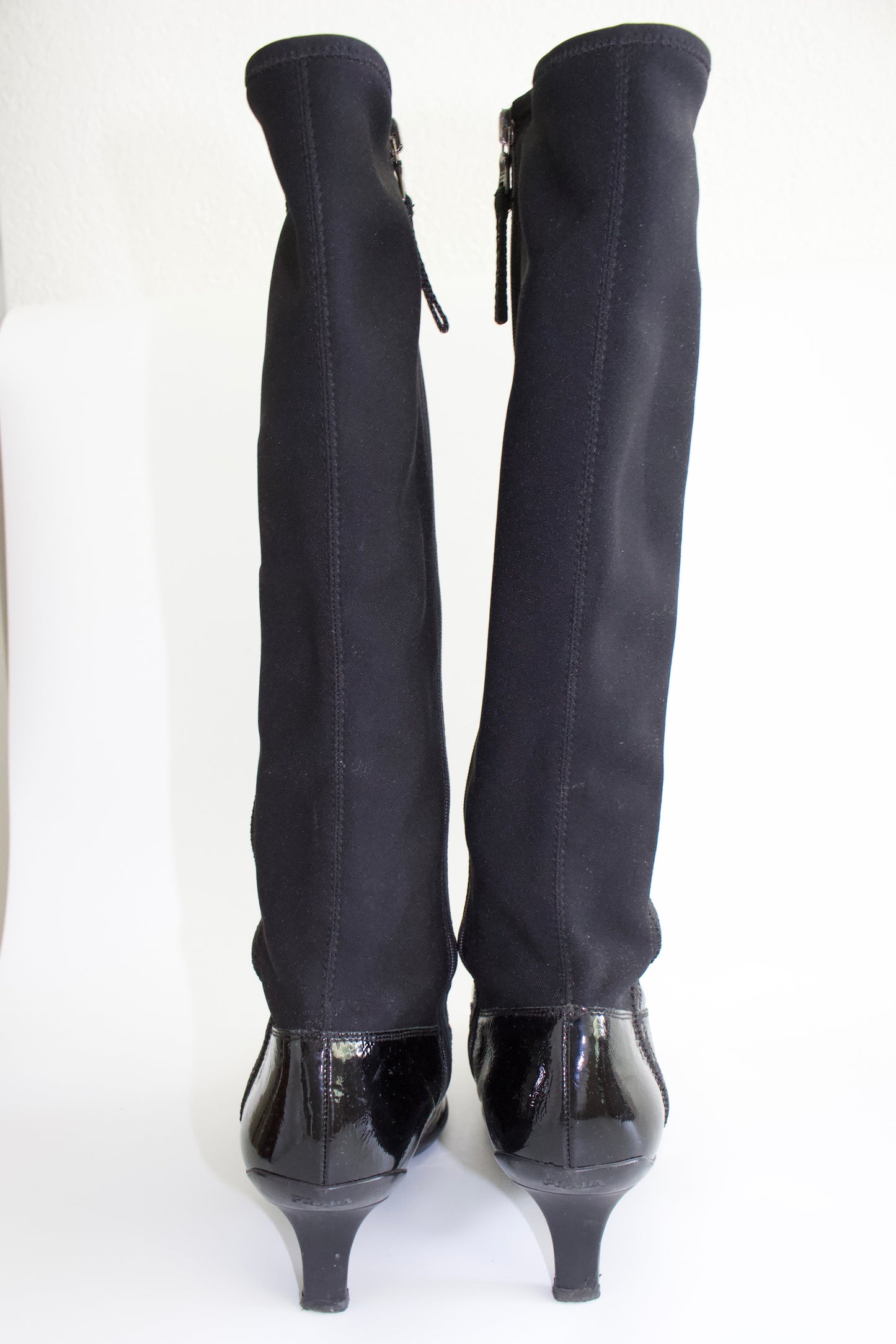 Prada 2000s black patent leather kitten-heel boots