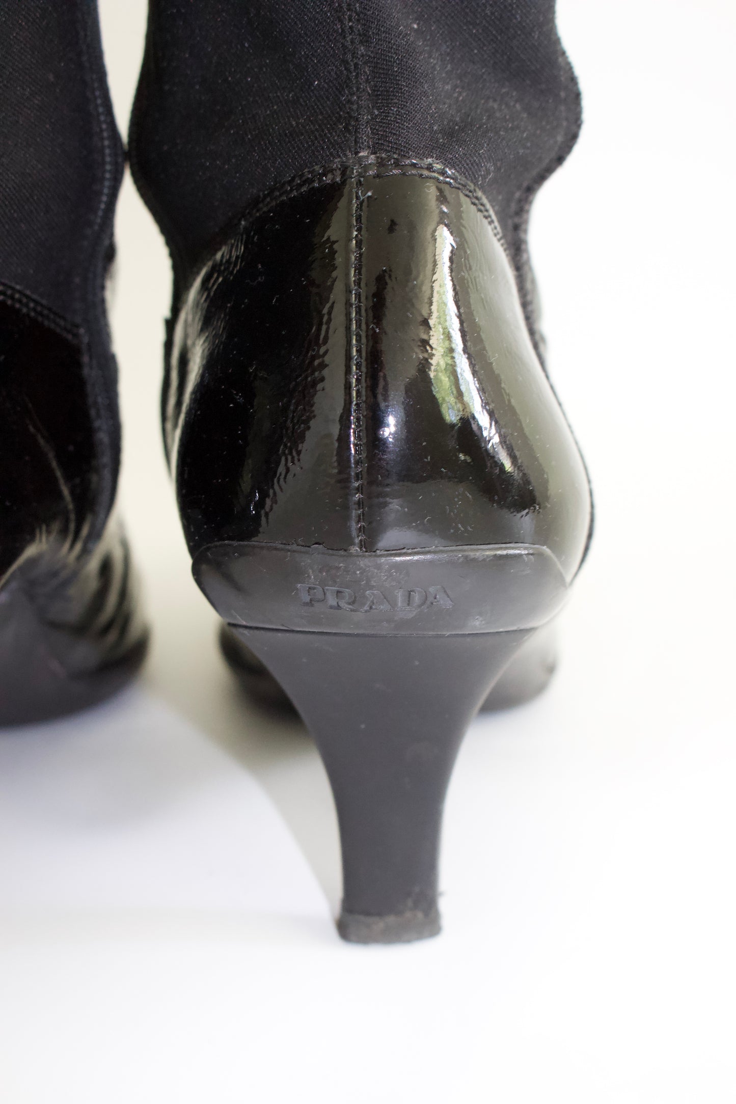 Prada 2000s black patent leather kitten-heel boots