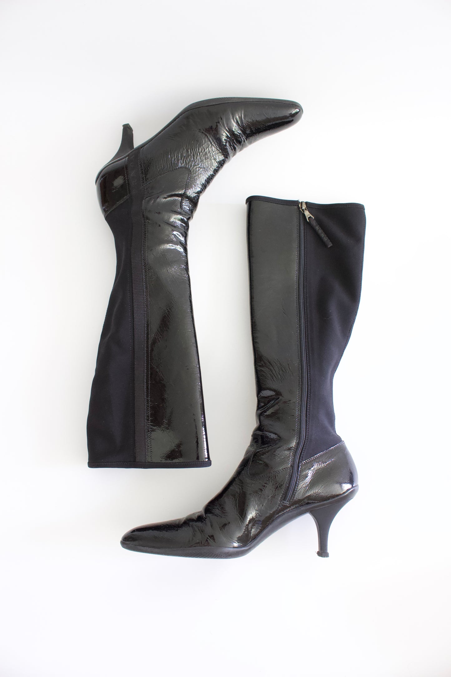 Prada 2000s black patent leather kitten-heel boots