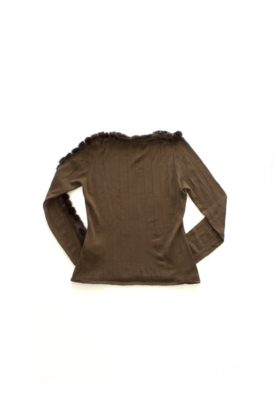 Roberto Cavalli brown top with mink fur sleeve