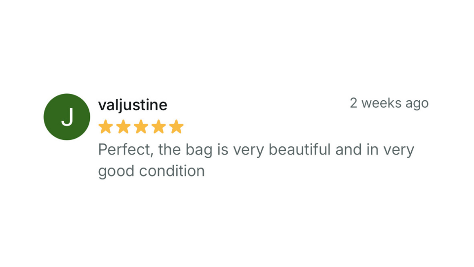 Five-star product review with a customer name and rating on a white background