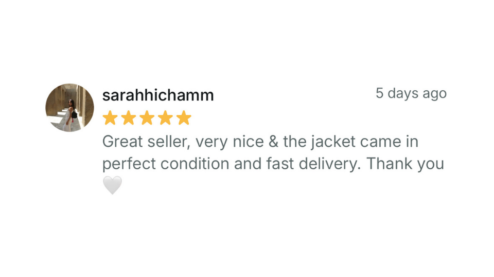 Product review with a five-star rating from 'sarahhichamm' on a white background
