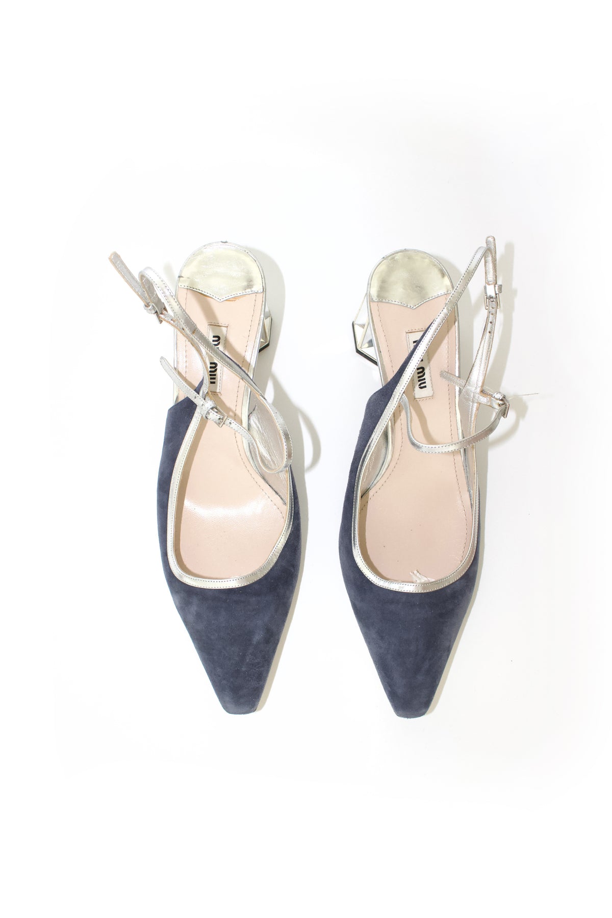 Miu Miu navy blue & silver suede 'Crystal' kitten heels