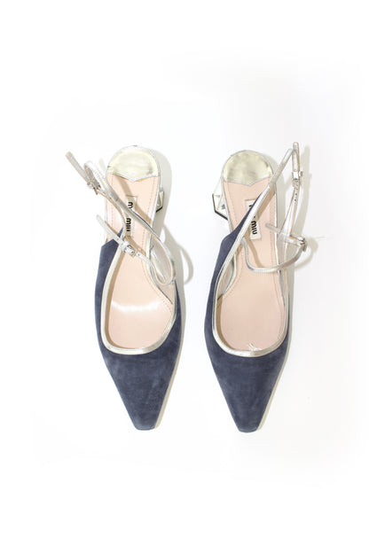 Miu Miu navy blue & silver suede 'Crystal' kitten heels