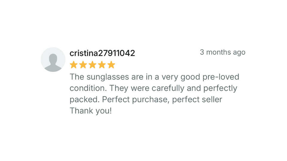 Five-star review for sunglasses with a white background