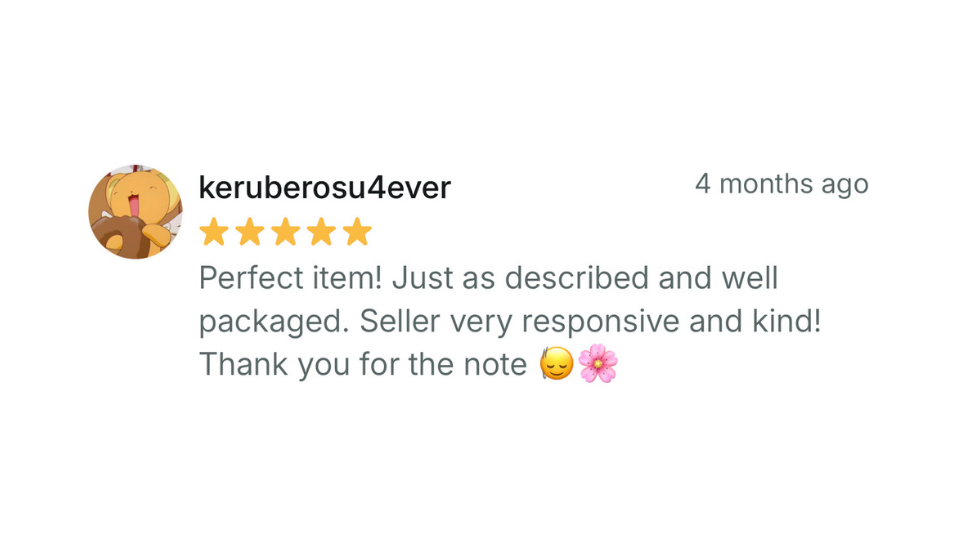 Five-star review with a thumbs-up emoji and text on a white background