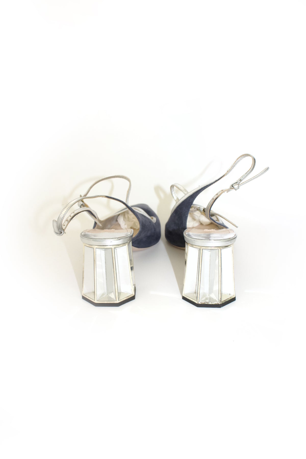 Miu Miu navy blue & silver suede 'Crystal' kitten heels
