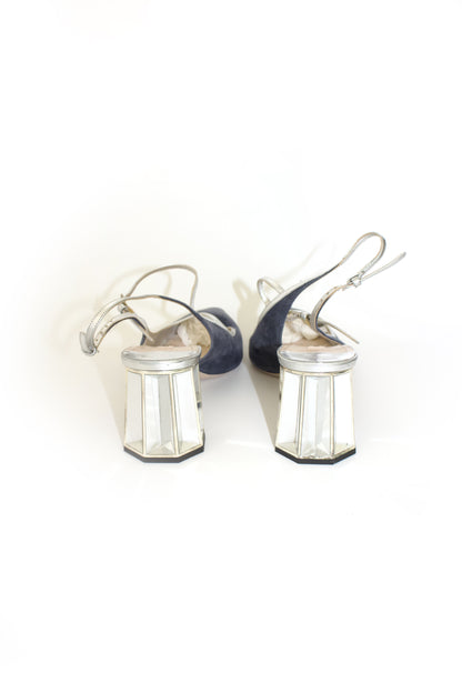 Miu Miu navy blue & silver suede 'Crystal' kitten heels
