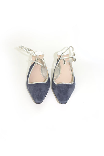 Miu Miu navy blue & silver suede 'Crystal' kitten heels
