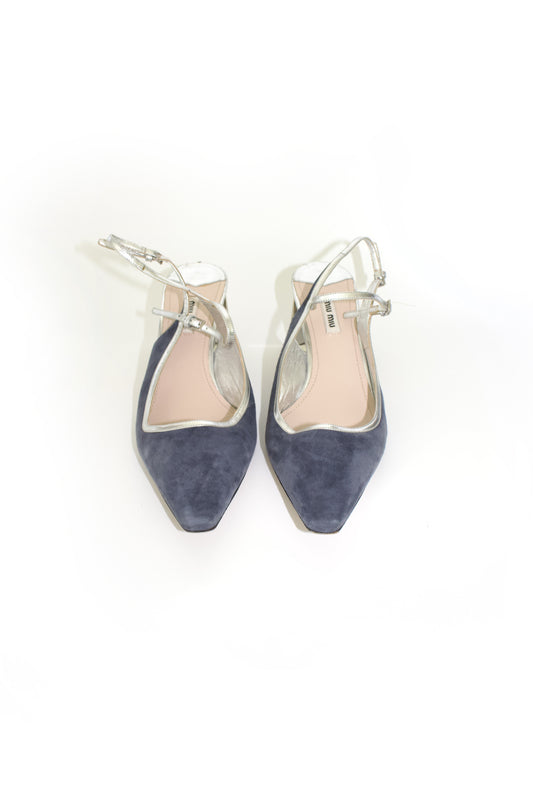 Miu Miu navy blue & silver suede 'Crystal' kitten heels