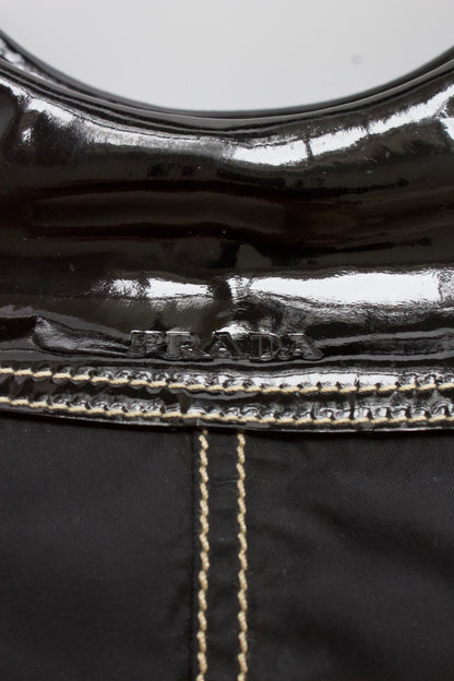 Prada SS 2003 black nylon shoulder bag with metal handle