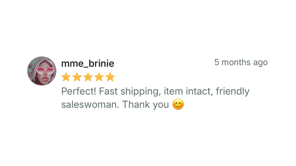 Five-star review with text and emoji on a white background