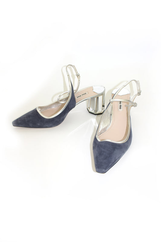 Miu Miu navy blue & silver suede 'Crystal' kitten heels