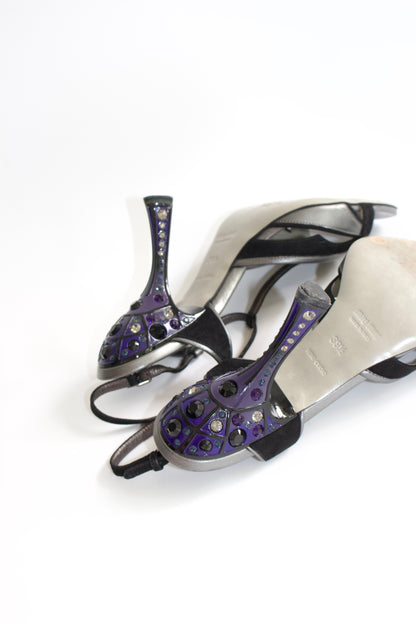 Miu Miu SS 2008 black open-toe heels with decorated heel