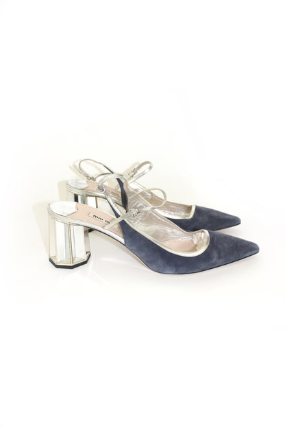 Miu Miu navy blue & silver suede 'Crystal' kitten heels