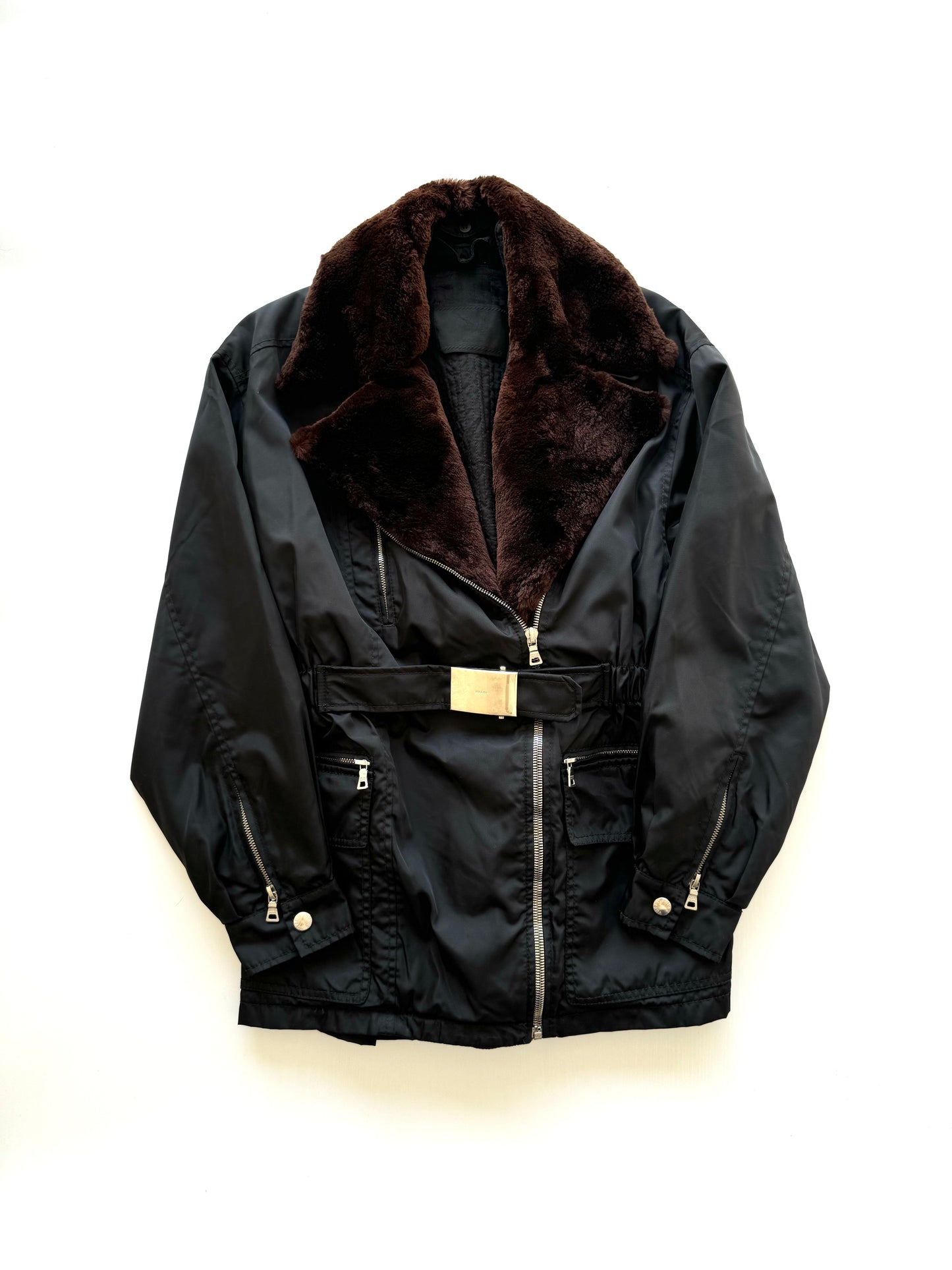 Prada FW1994 navy jacket with fur collar