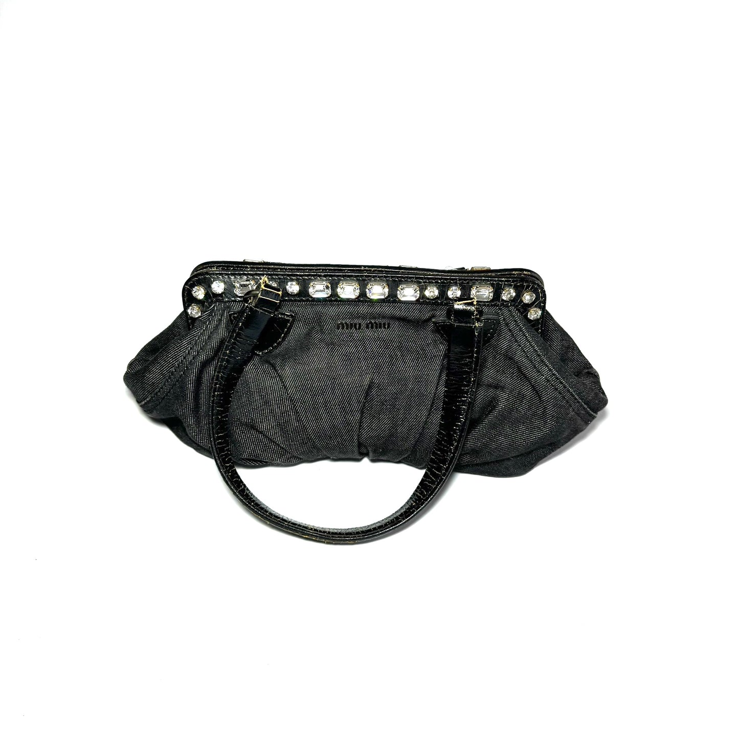 Miu Miu denim handbag with jewels and cracked leather handles