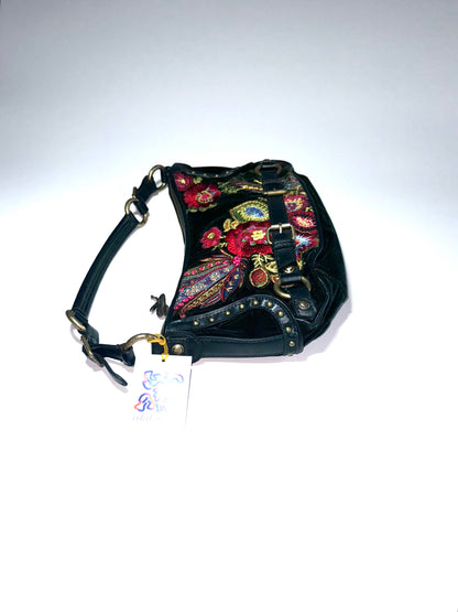 Roberto Cavalli green and red floral emroidered shoulder bag
