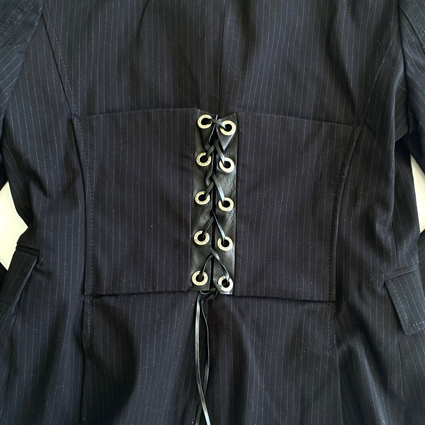 Jean Paul Gaultier black pinstripe blazer with back corset