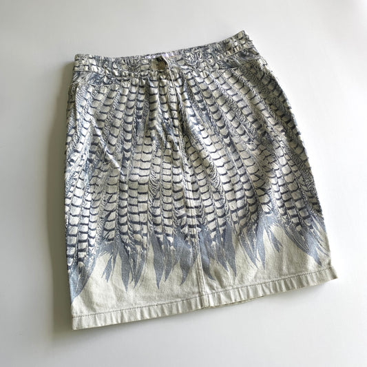 Roberto Cavalli denim skirt with feather print and side zips