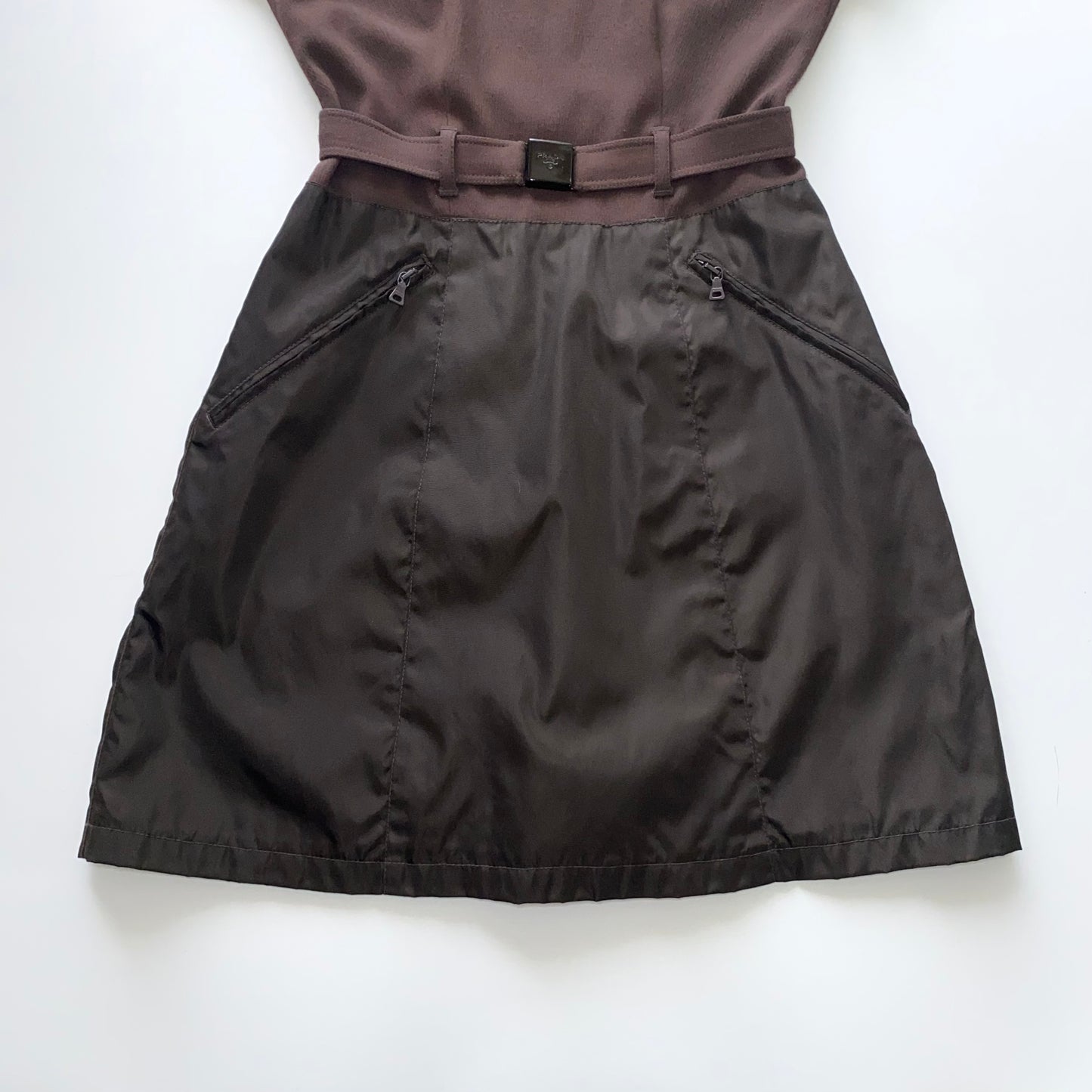 Prada 90s brown & khaki belted mini-dress