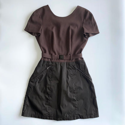 Prada 90s brown & khaki belted mini-dress