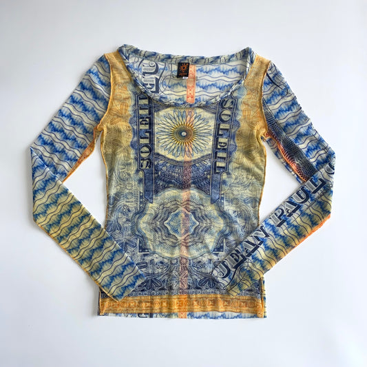 Jean Paul Gaultier Soleil 90s multi-coloured money print mesh longsleeve top