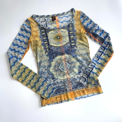 Jean Paul Gaultier Soleil 90s multi-coloured money print mesh longsleeve top