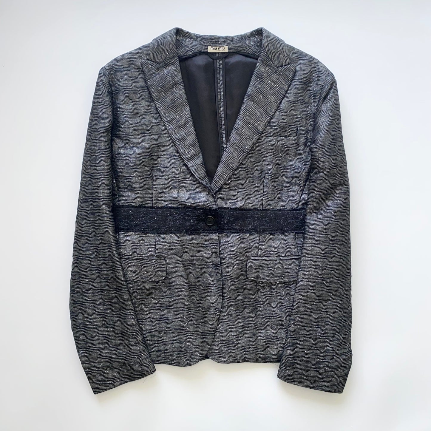 Miu Miu FW2007 lamé grey blazer with black waist belt