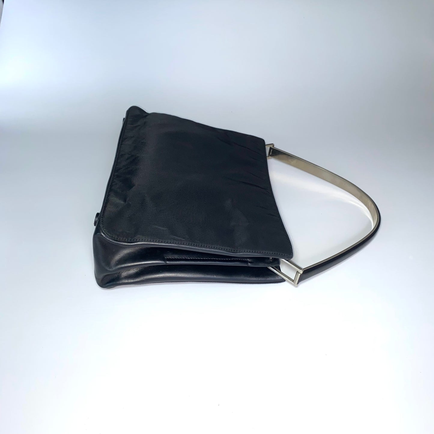 Prada FW1998 black nylon shoulder bag with metal handle