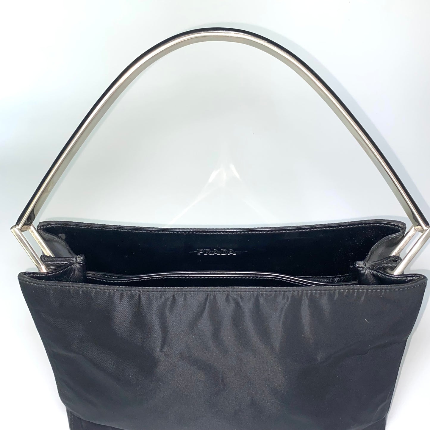 Prada FW1998 black nylon shoulder bag with metal handle