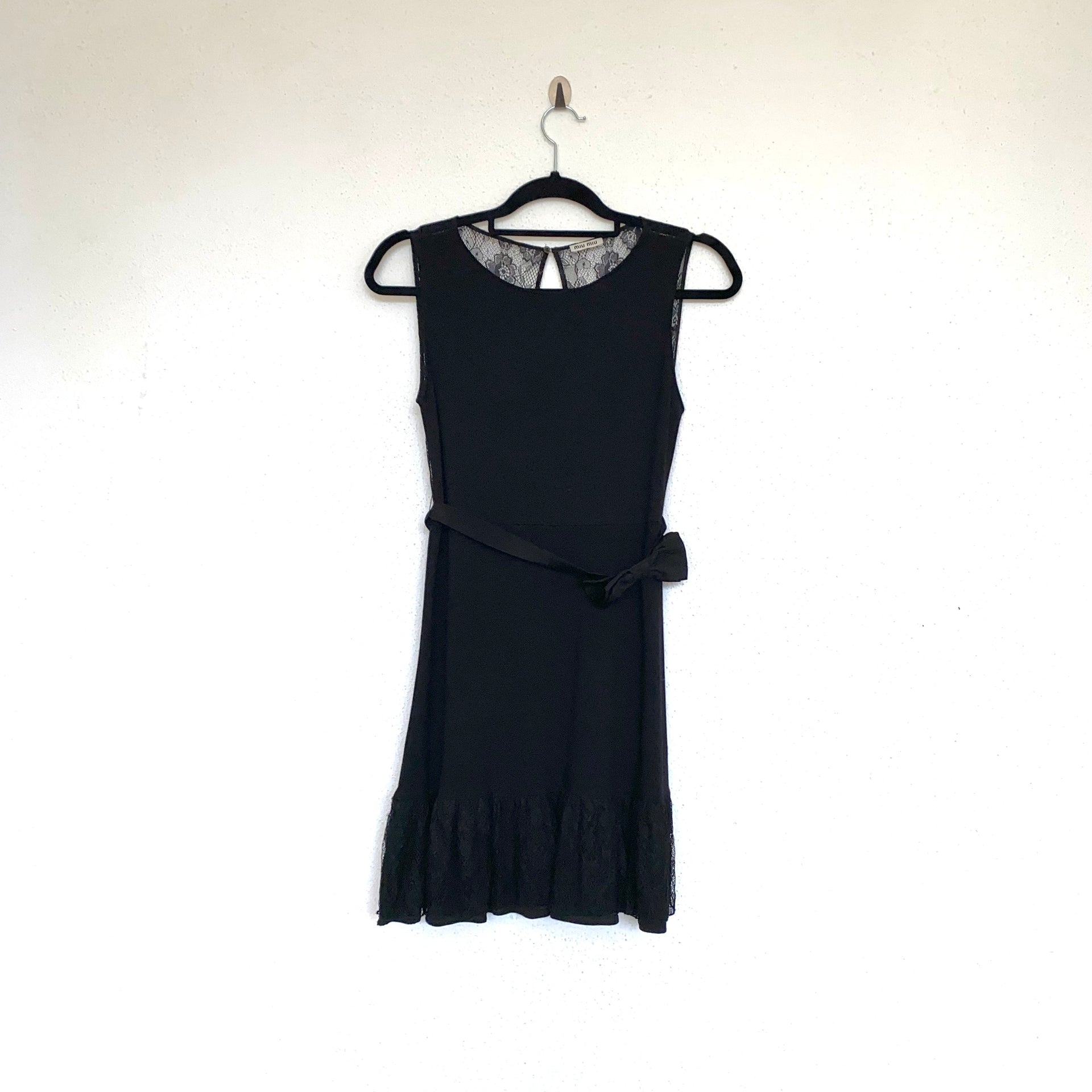 Miu Miu little black dress with bow tie and lace back – Velvet Archive