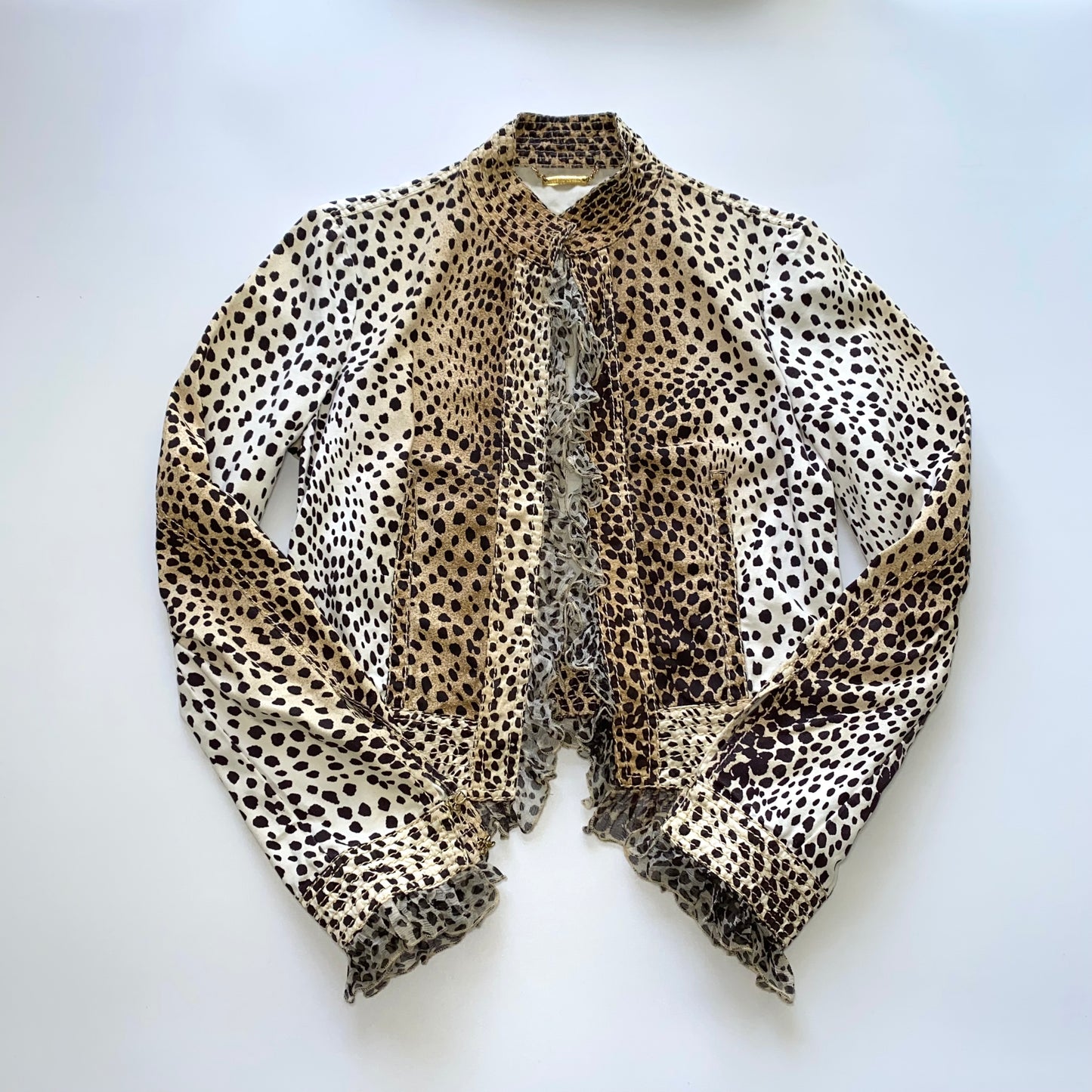 Robert Cavalli leopard-print denim jacket with ruffles