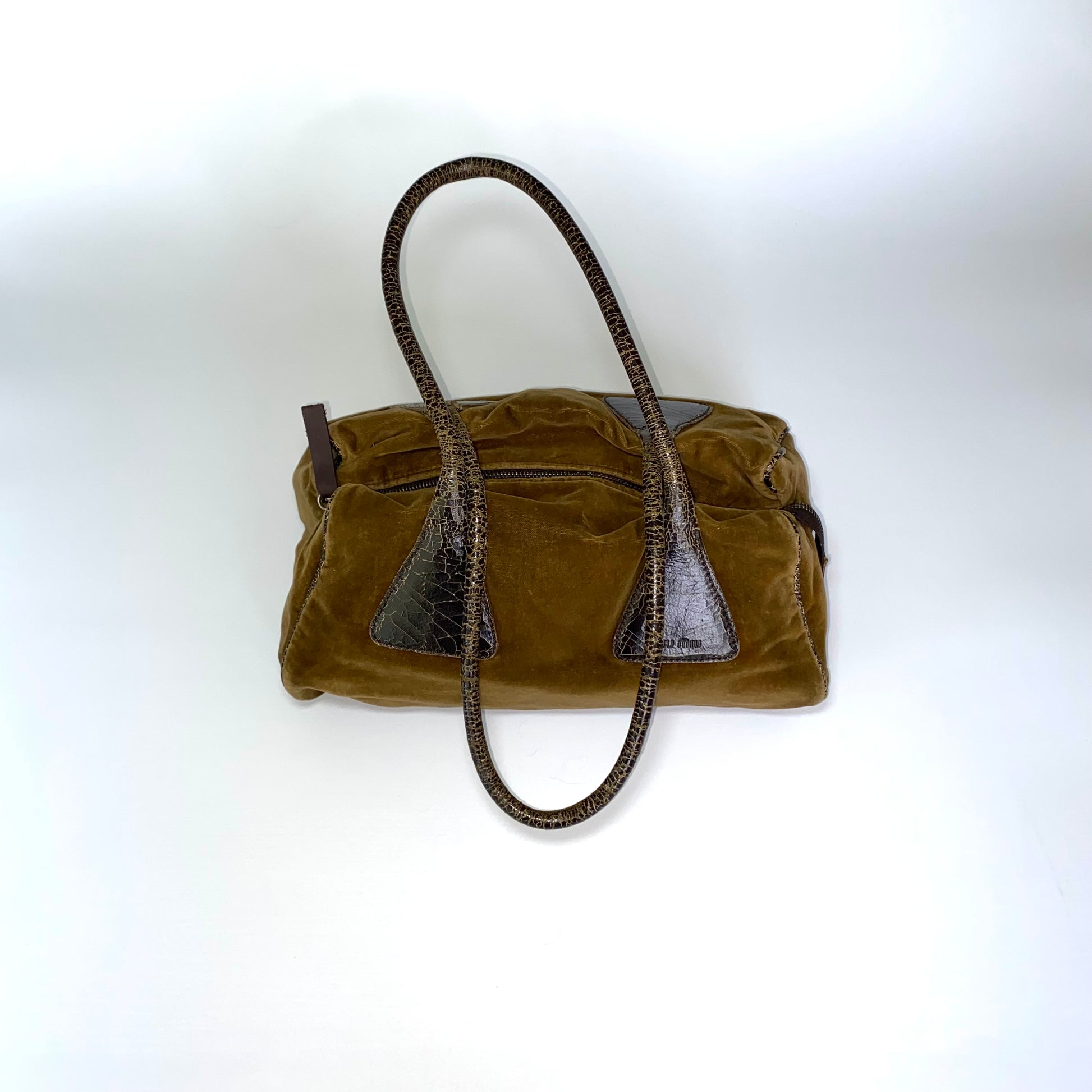 Miu Miu FW2001 khaki velvet bag with cracked leather handles 