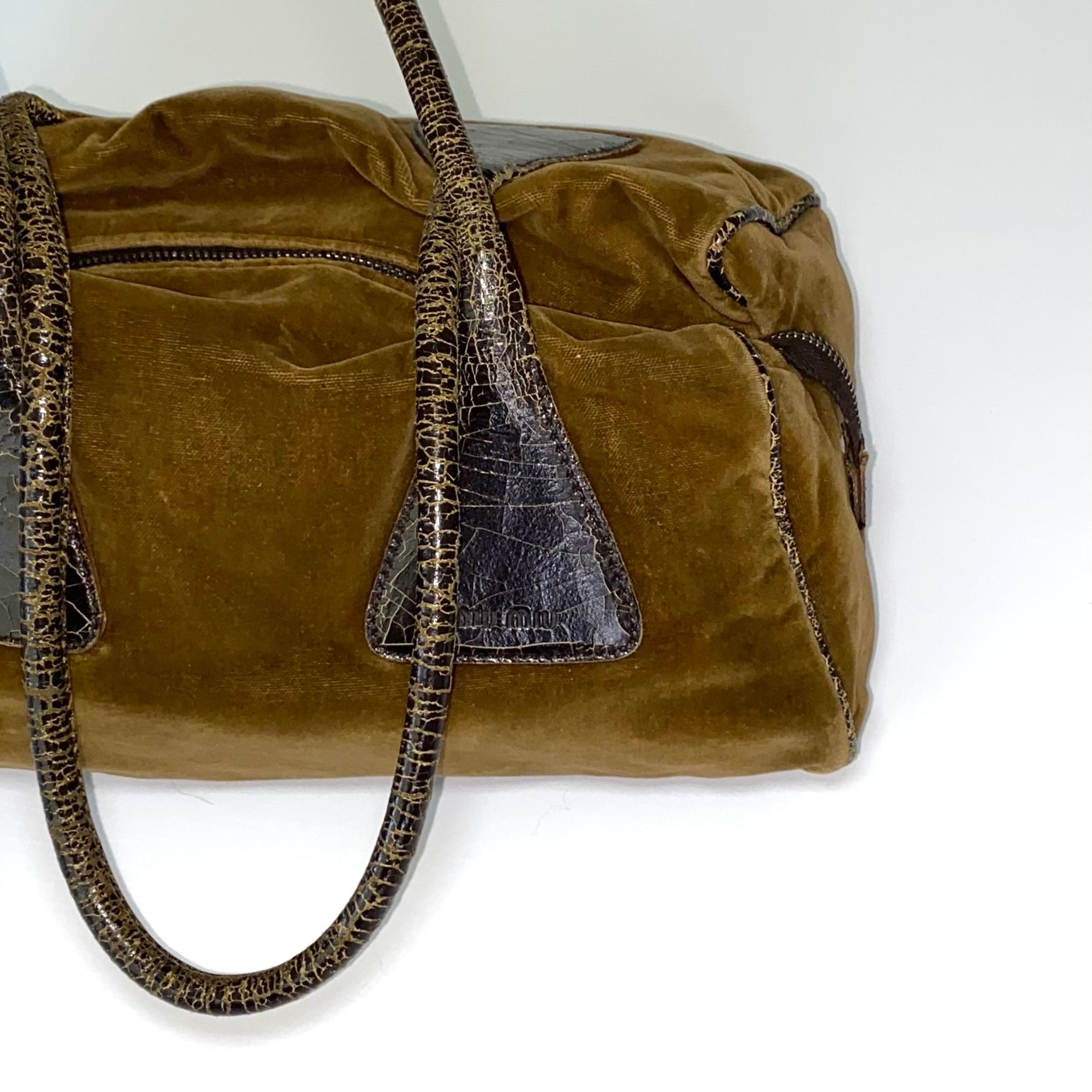 Miu Miu FW2001 khaki velvet bag with cracked leather handles 