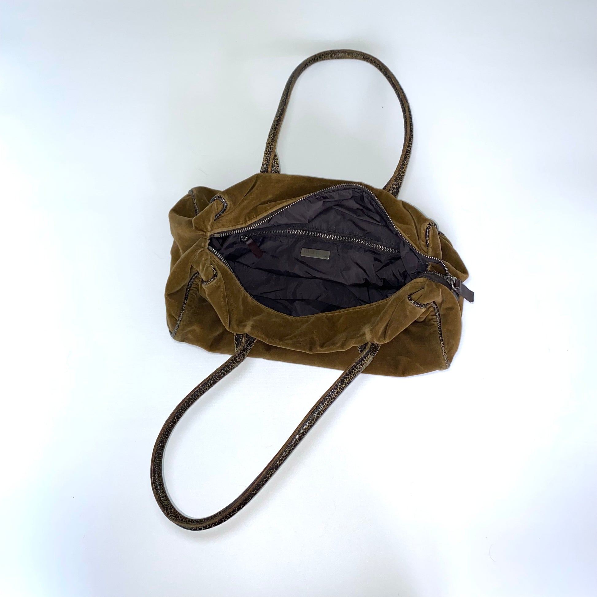 Miu Miu FW2001 khaki velvet bag with cracked leather handles 