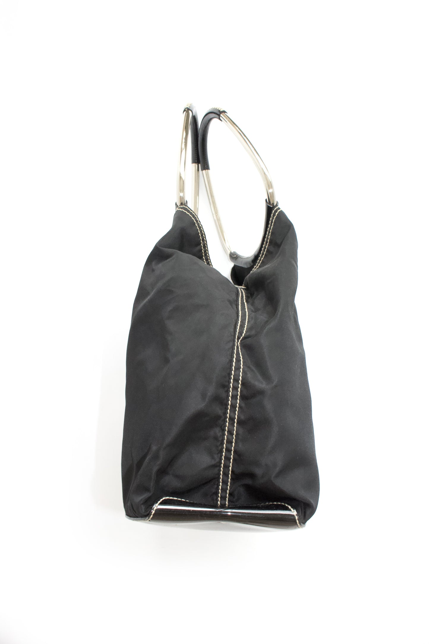 Prada SS 2003 black nylon shoulder bag with metal handle