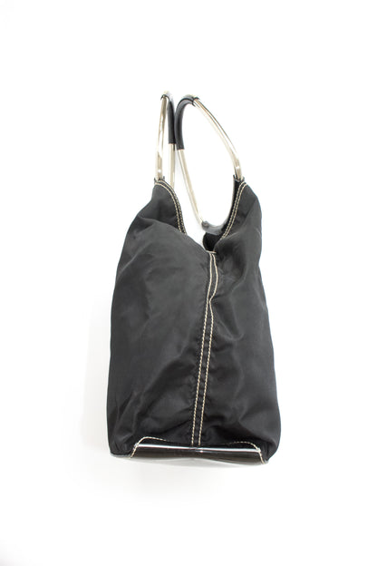 Prada SS 2003 black nylon shoulder bag with metal handle