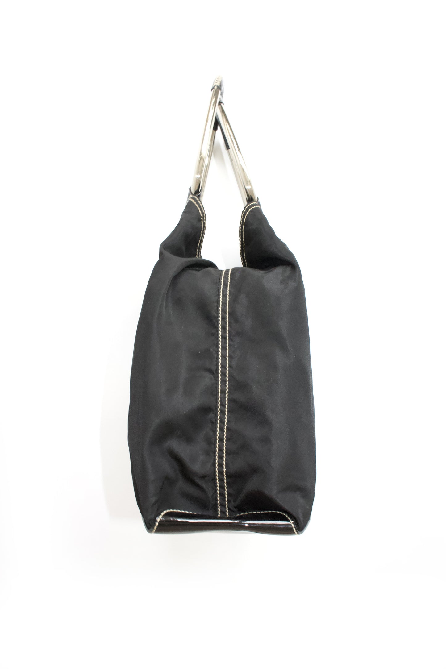 Prada SS 2003 black nylon shoulder bag with metal handle