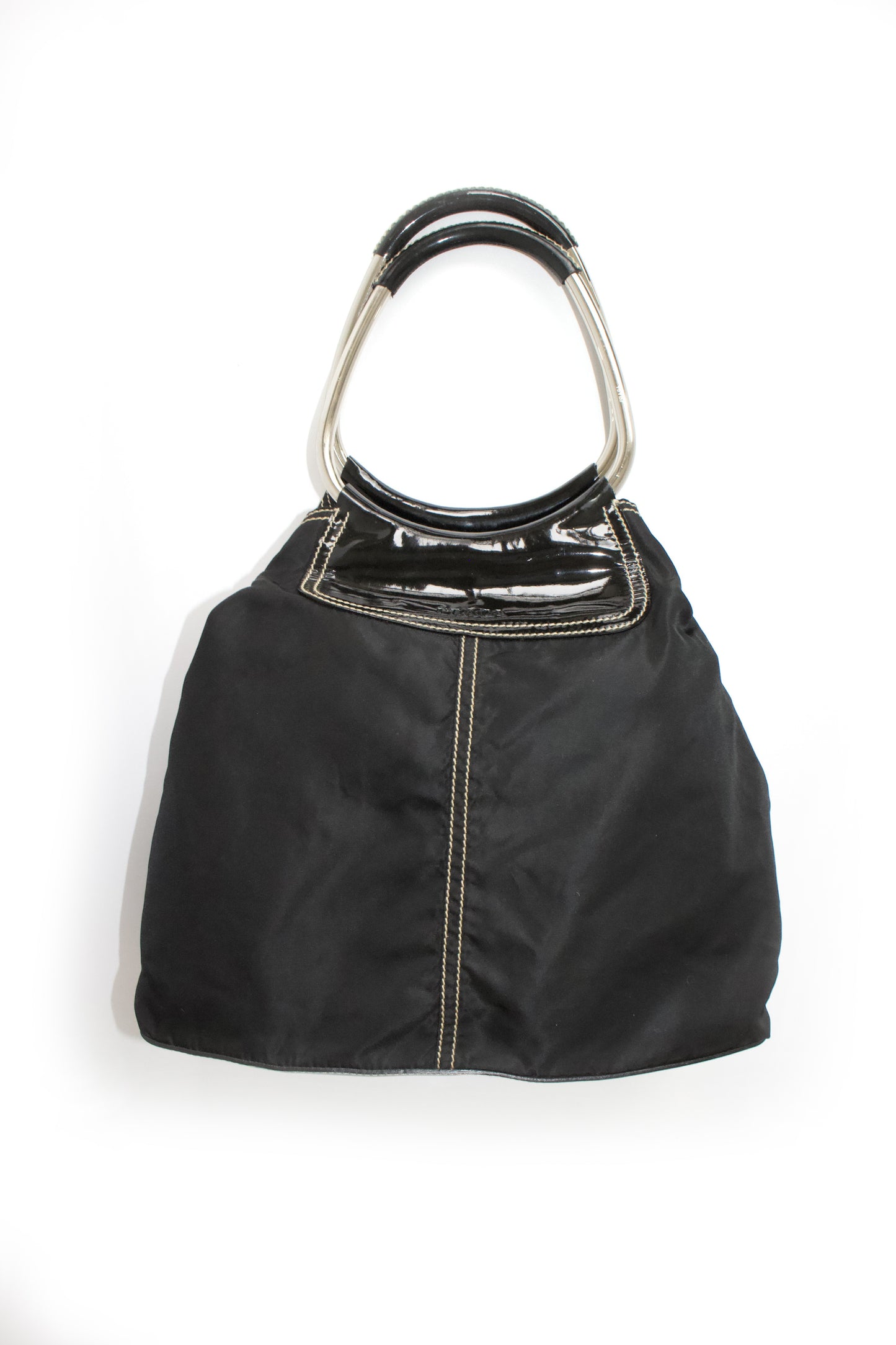 Prada SS 2003 black nylon shoulder bag with metal handle