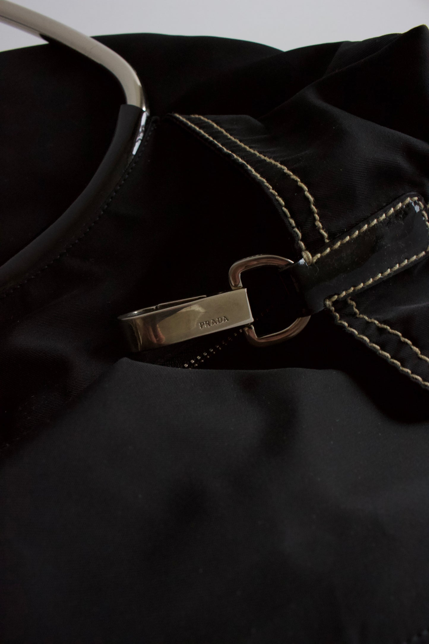 Prada SS 2003 black nylon shoulder bag with metal handle