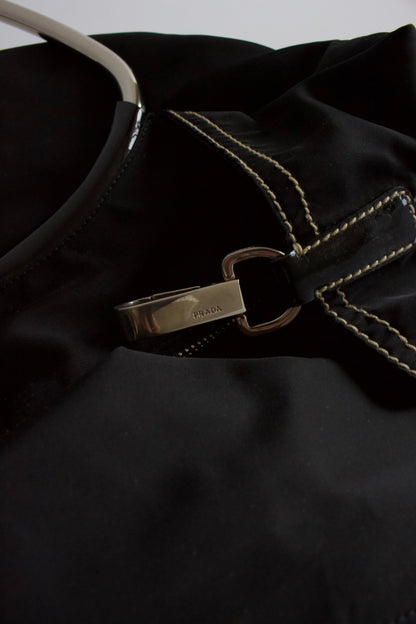Prada SS 2003 black nylon shoulder bag with metal handle