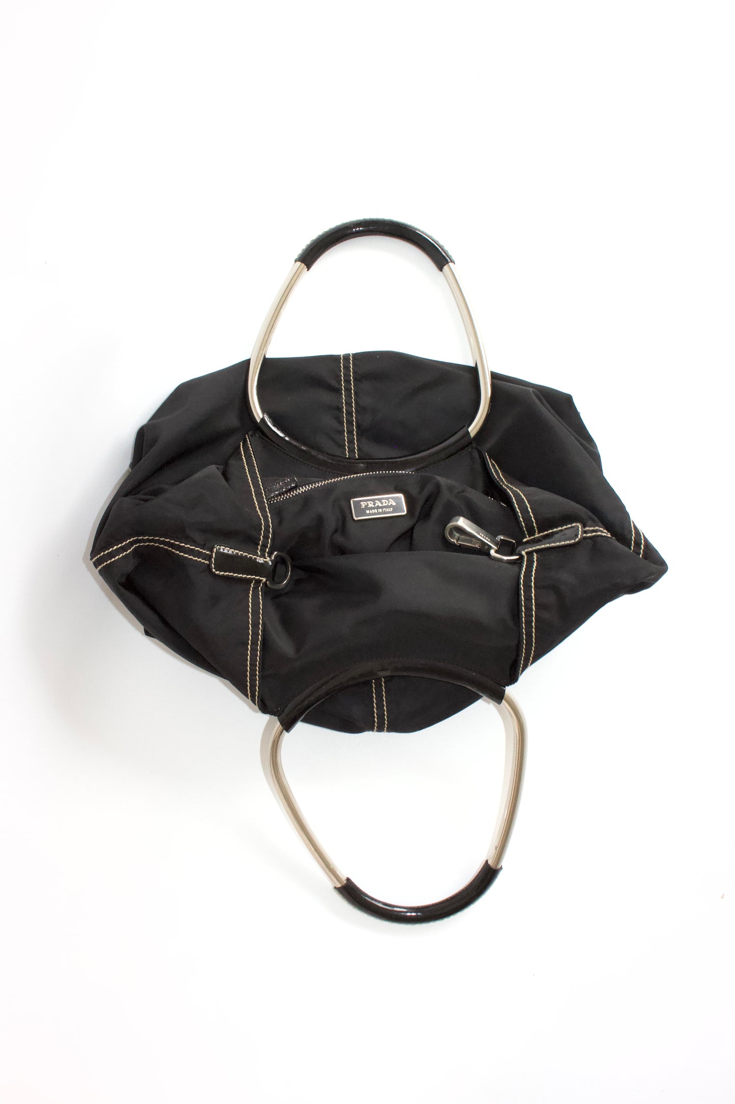 Prada SS 2003 black nylon shoulder bag with metal handle