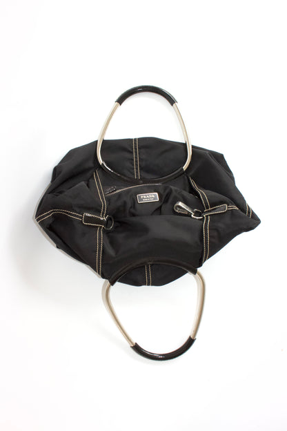 Prada SS 2003 black nylon shoulder bag with metal handle