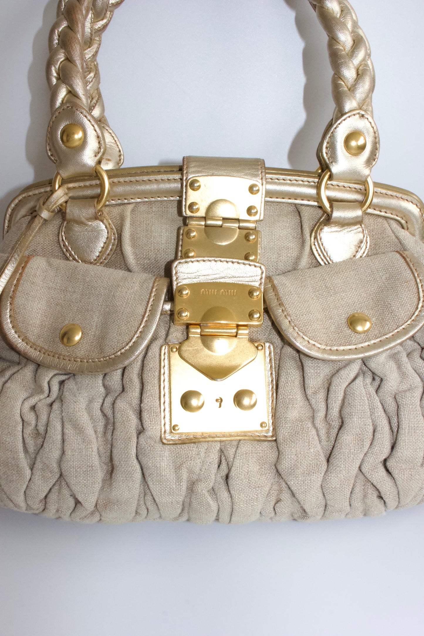 Miu Miu FW 2006 beige-gold canvas matelassé Coffer handbag
